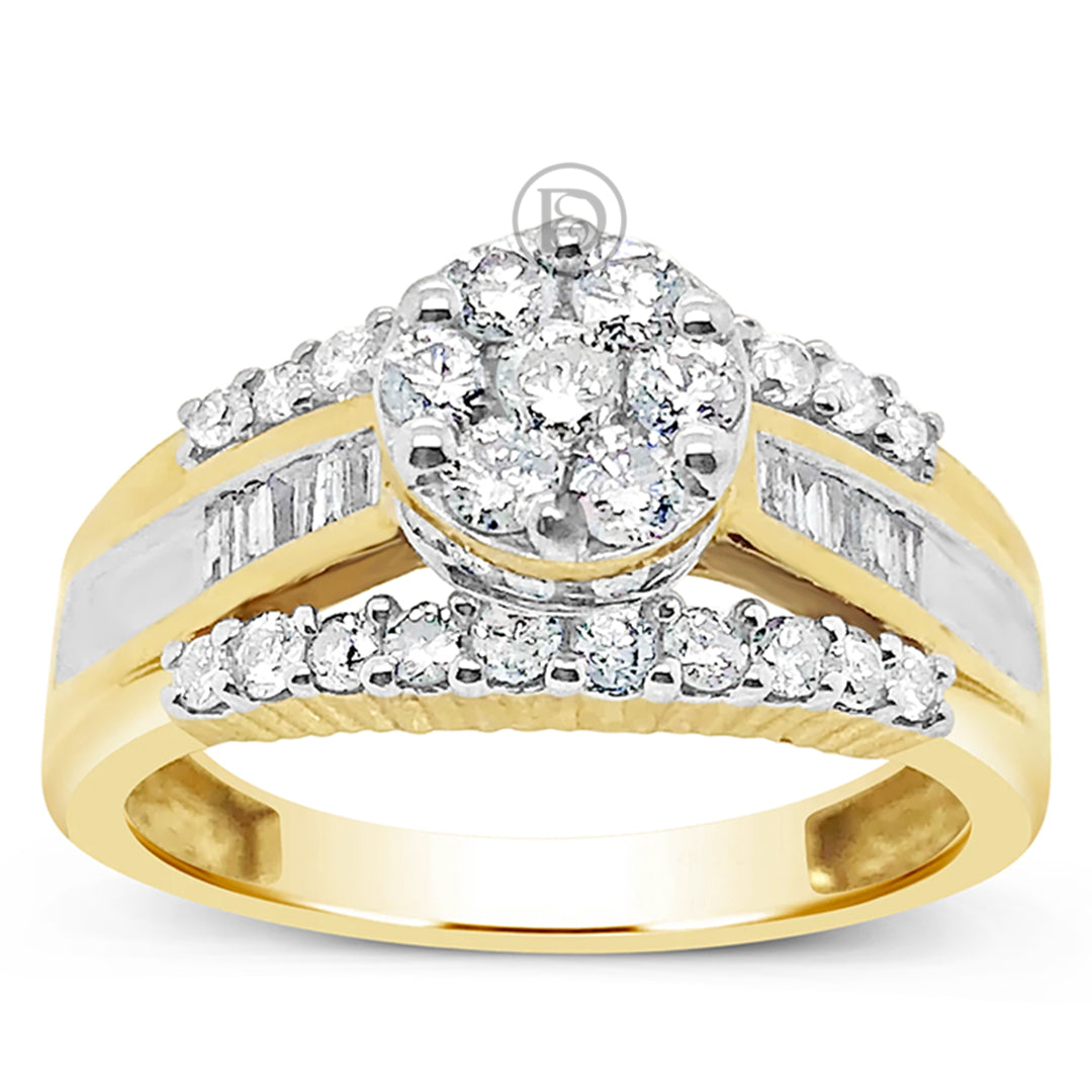 Diamond Engagement Ring 1 CTW Round Cut w/ Baguette 10K Yellow Gold