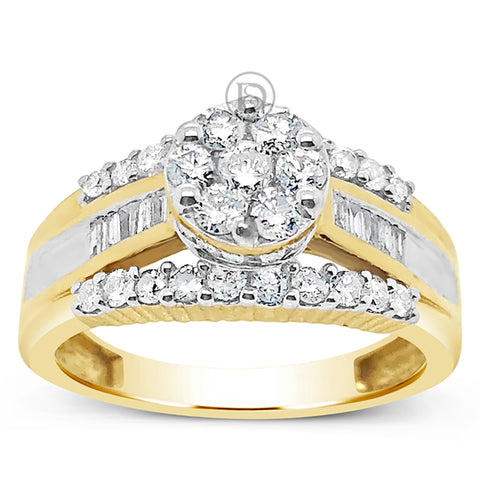 Diamond Engagement Ring 1 CTW Round Cut w/ Baguette 10K Yellow Gold
