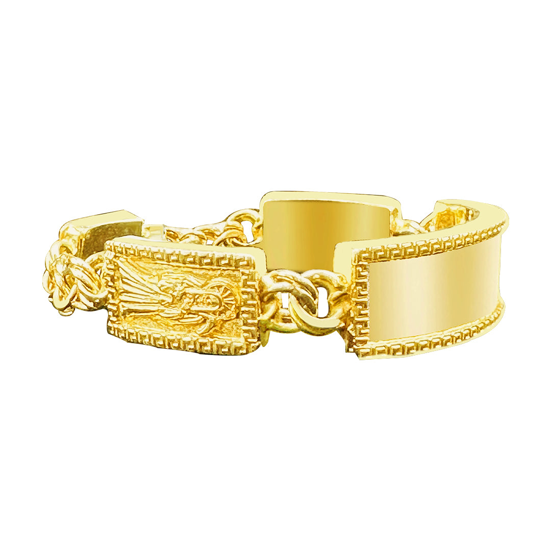 10K yellow gold chino link ID bracelet with Santa Muerte