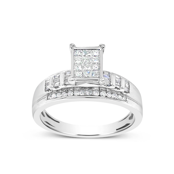 Diamond Engagement Ring .50 CTW Princess & Round Cut w/ Baguettes 14K White Gold