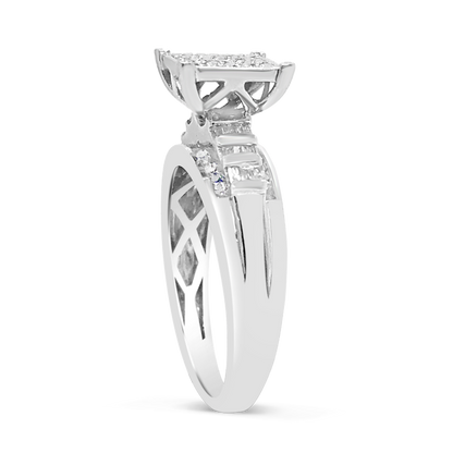 Diamond Engagement Ring .50 CTW Round Cut w/ Baguettes 10K White Gold