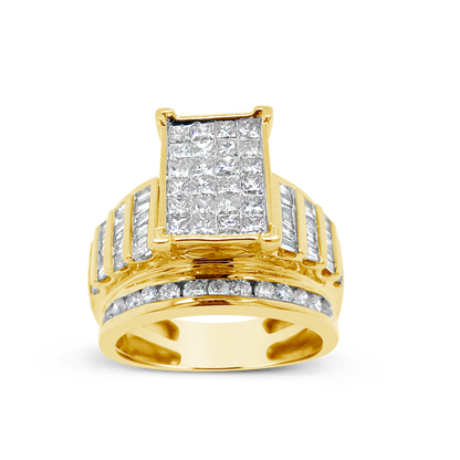 Diamond Ring 2 CTW Princess Cut w/ Baguettes & Round Cut 10K Yellow Gold