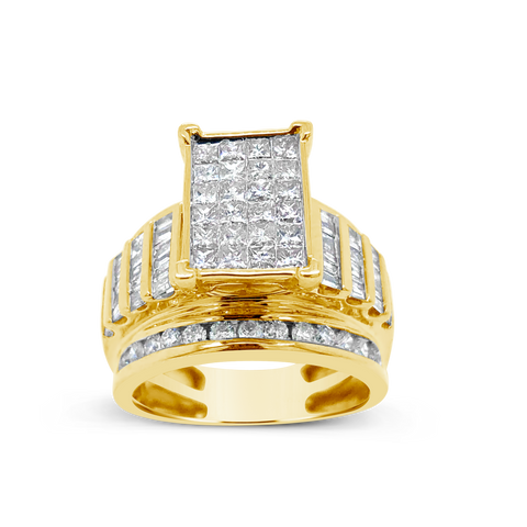 Diamond Ring 2 CTW Princess Cut w/ Baguettes & Round Cut 10K Yellow Gold