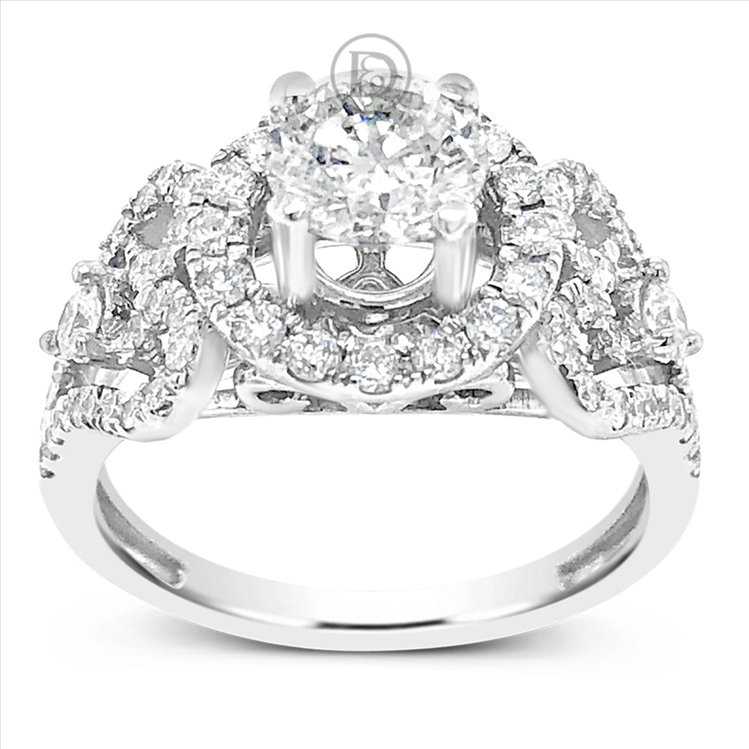 Diamond Halo Engagement Ring 1.70 CTW Round Cut 18K White Gold