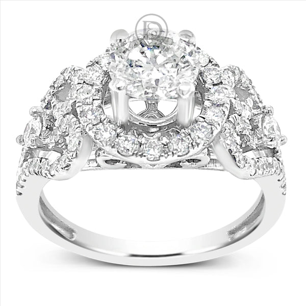 Diamond Halo Engagement Ring 1.70 CTW Round Cut 18K White Gold