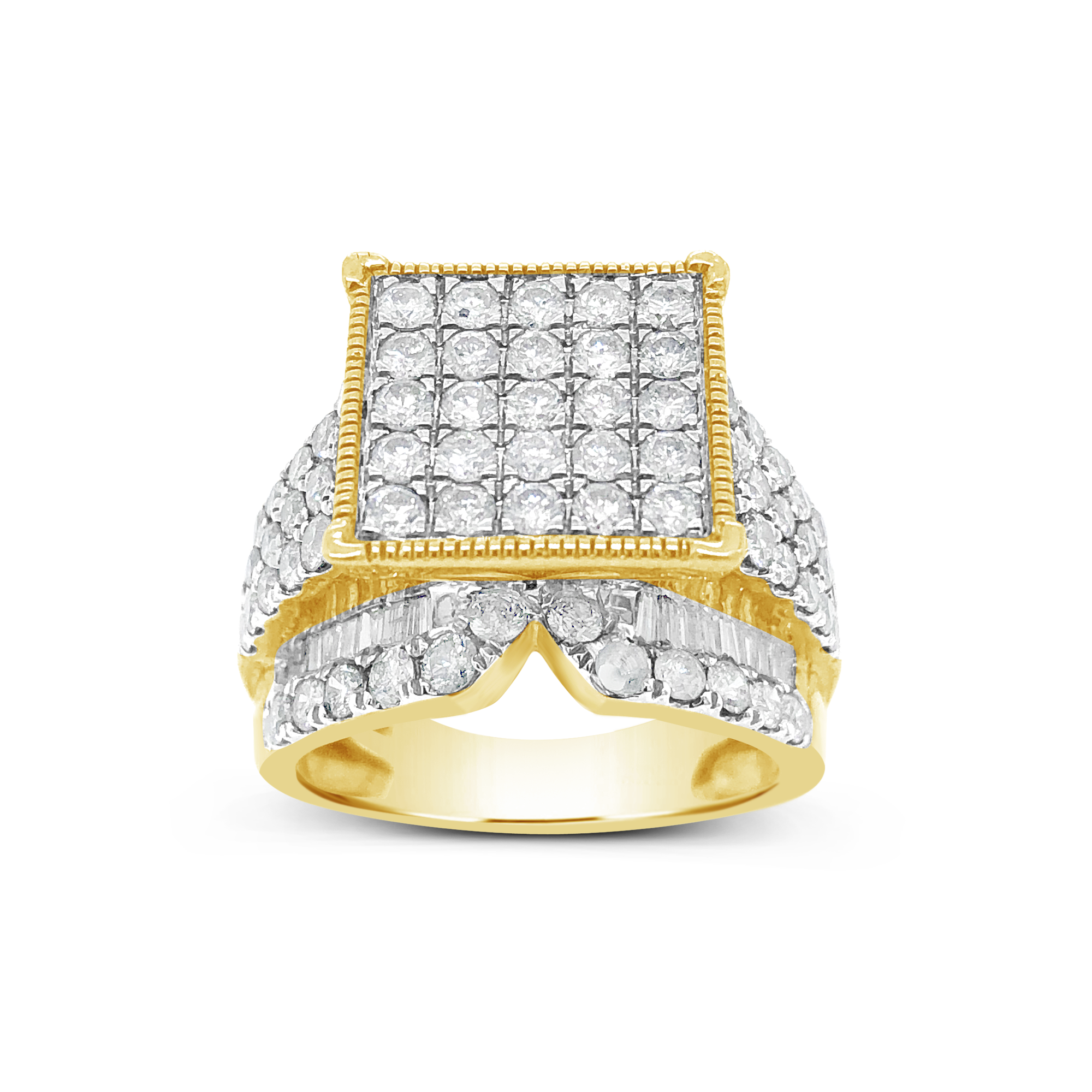 Diamond Ring 3 CTW Round Cut w/ Baguettes 10K Yellow Gold