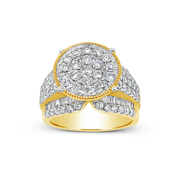Diamond Halo Ring 2 CTW Round Cut w/ Baguettes 10K Yellow Gold