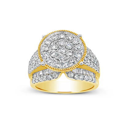 Diamond Halo Ring 2 CTW Round Cut w/ Baguettes 10K Yellow Gold