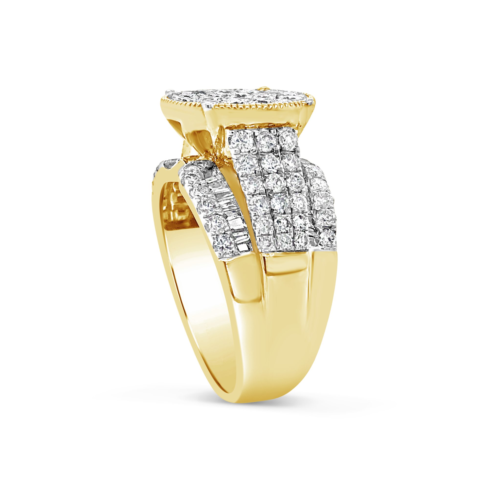 Diamond Halo Ring 2 CTW Round Cut w/ Baguettes 10K Yellow Gold