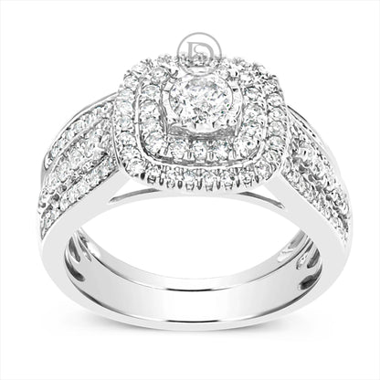 Diamond Halo Engagement Ring 1 CTW Round Cut 14K White Gold Bridal Set