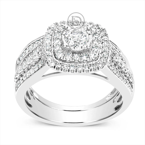 Diamond Halo Engagement Ring 1 CTW Round Cut 14K White Gold Bridal Set