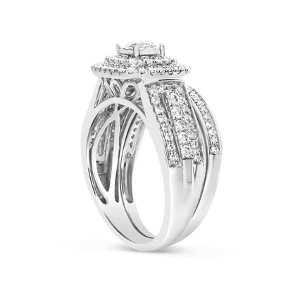 Diamond Halo Engagement Ring 1 CTW Round Cut 14K White Gold Bridal Set