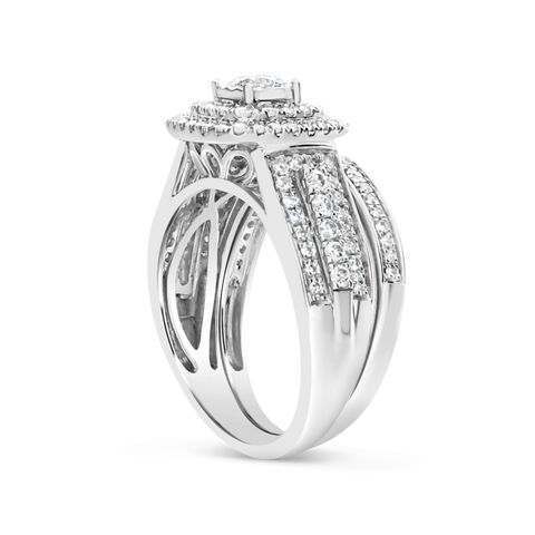 Diamond Halo Engagement Ring 1 CTW Round Cut 14K White Gold Bridal Set