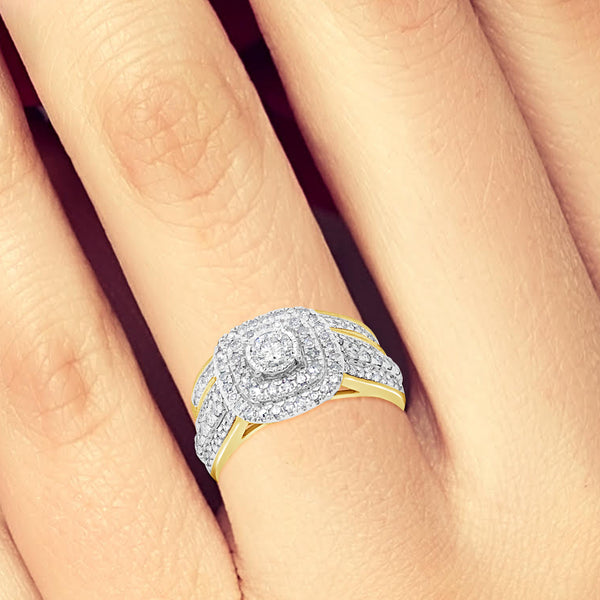 Diamond Halo Engagement Ring 1 CTW Round Cut 14K Yellow Gold