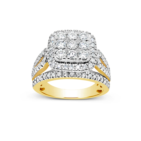 Diamond Halo Ring 2 CTW Round Cut 14K Yellow Gold