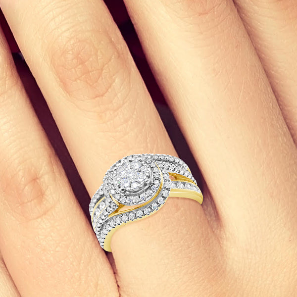 Diamond Halo Engagement Ring 1 CTW 14K Round Cut Yellow Gold