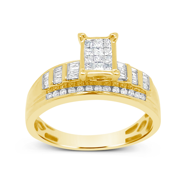 Diamond Engagement Ring .50 CTW Princess & Round Cut w/ Baguettes 10K Yellow Gold