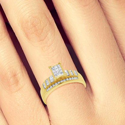Diamond Engagement Ring .50 CTW Princess & Round Cut w/ Baguettes 10K Yellow Gold