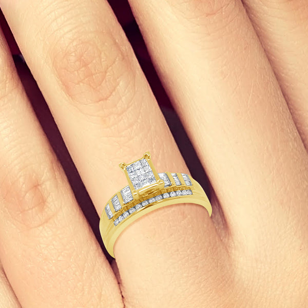 Diamond Engagement Ring .50 CTW Princess & Round Cut w/ Baguettes 10K Yellow Gold