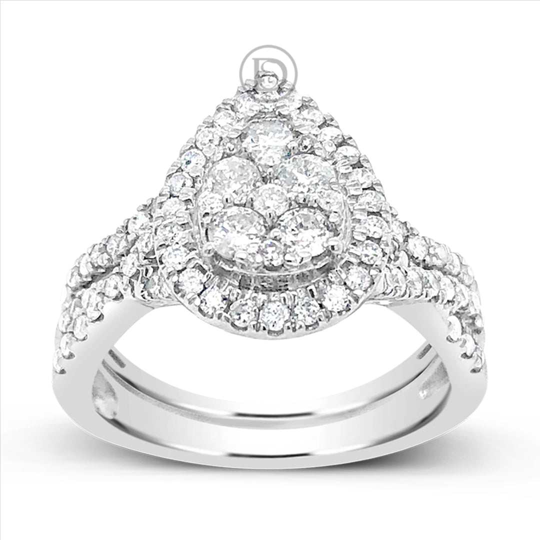Diamond Halo Pear Shaped Engagement Ring 1 CTW Round Cut 14K White Gold