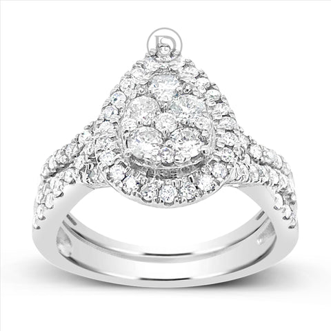 Diamond Halo Pear Shaped Engagement Ring 1 CTW Round Cut 14K White Gold