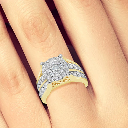 Diamond Halo Ring 2 CTW Round Cut 10K Yellow Gold