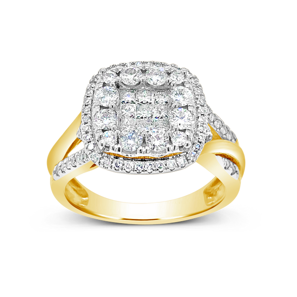 Diamond Halo Ring 1 CTW Princess Cut w/Round Cut 14K Yellow Gold