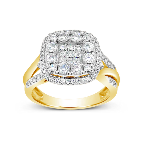 Diamond Halo Ring 1 CTW Princess Cut w/Round Cut 14K Yellow Gold