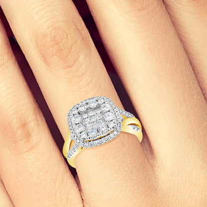 Diamond Halo Ring 1 CTW Princess Cut w/Round Cut 14K Yellow Gold