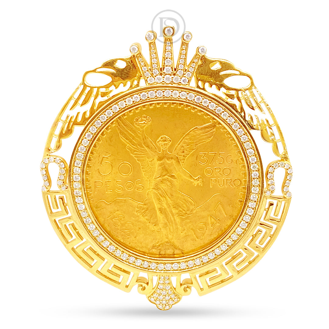 10K Yellow Gold Centenario 50 Pesos Coin Diamond Pendant with Crown and Greek Key