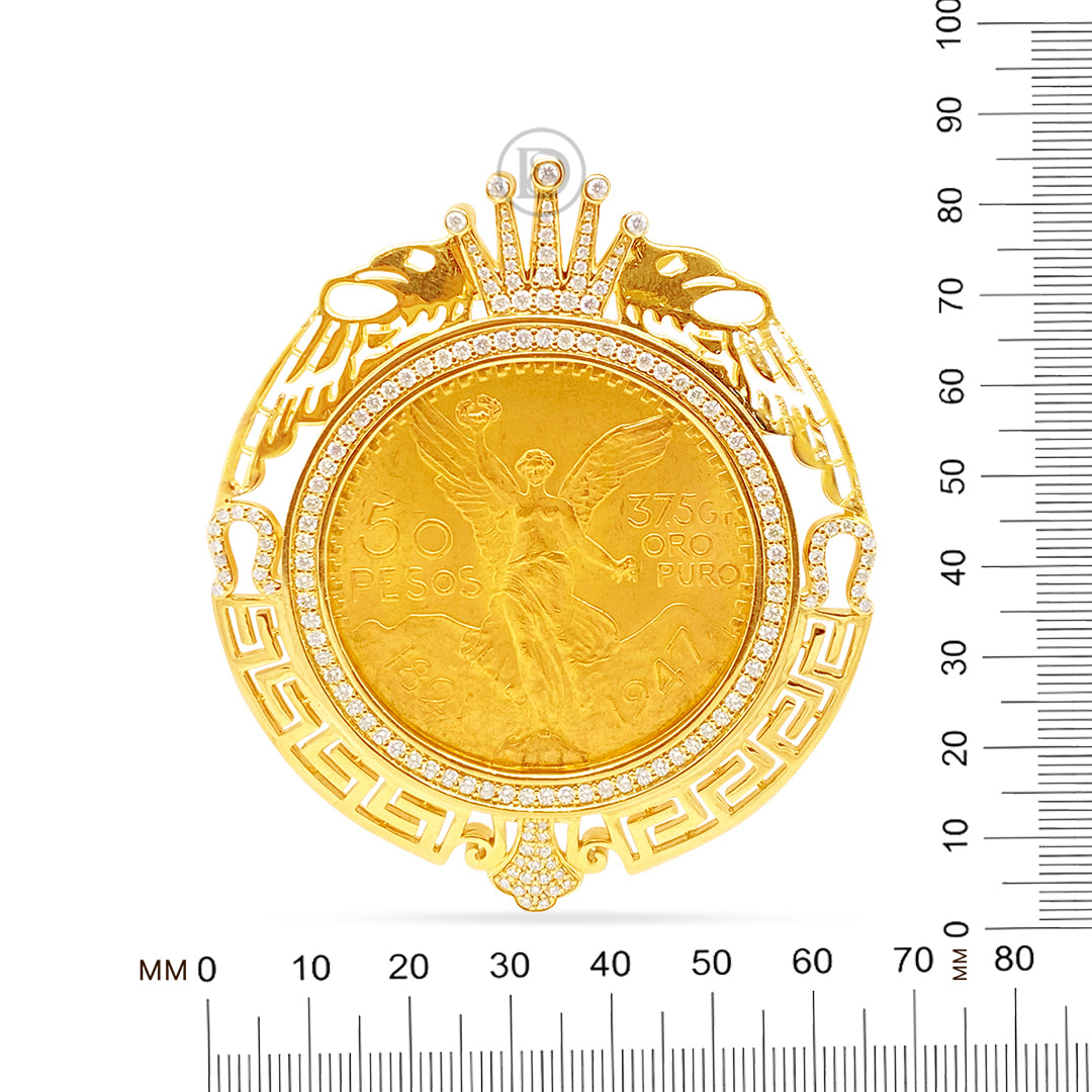 10K Yellow Gold Centenario 50 Pesos Coin Diamond Pendant with Crown and Greek Key