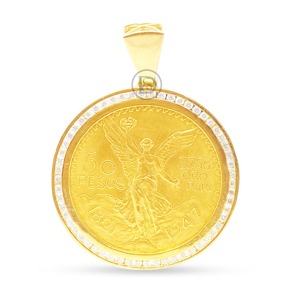 10K Yellow Gold Centenario 50 Pesos Gold Coin Diamond Pendant