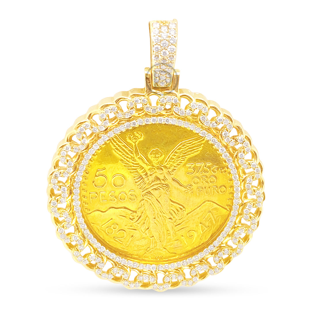 10K Yellow Gold Centenario 50 Pesos Gold Coin Diamond Pendant with Chino Link Bezel