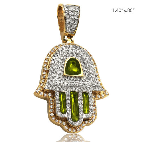 14KY 0.80CTW DIAMOND HAMZA PENDANT WITH GREEN