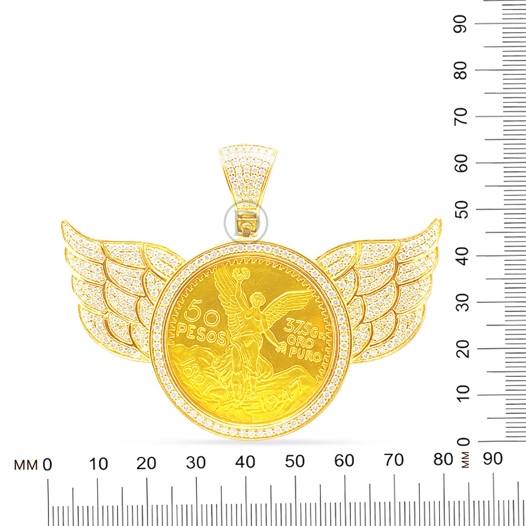 10K Yellow Gold Centenario 50 Pesos Coin Diamond Pendant with Wings