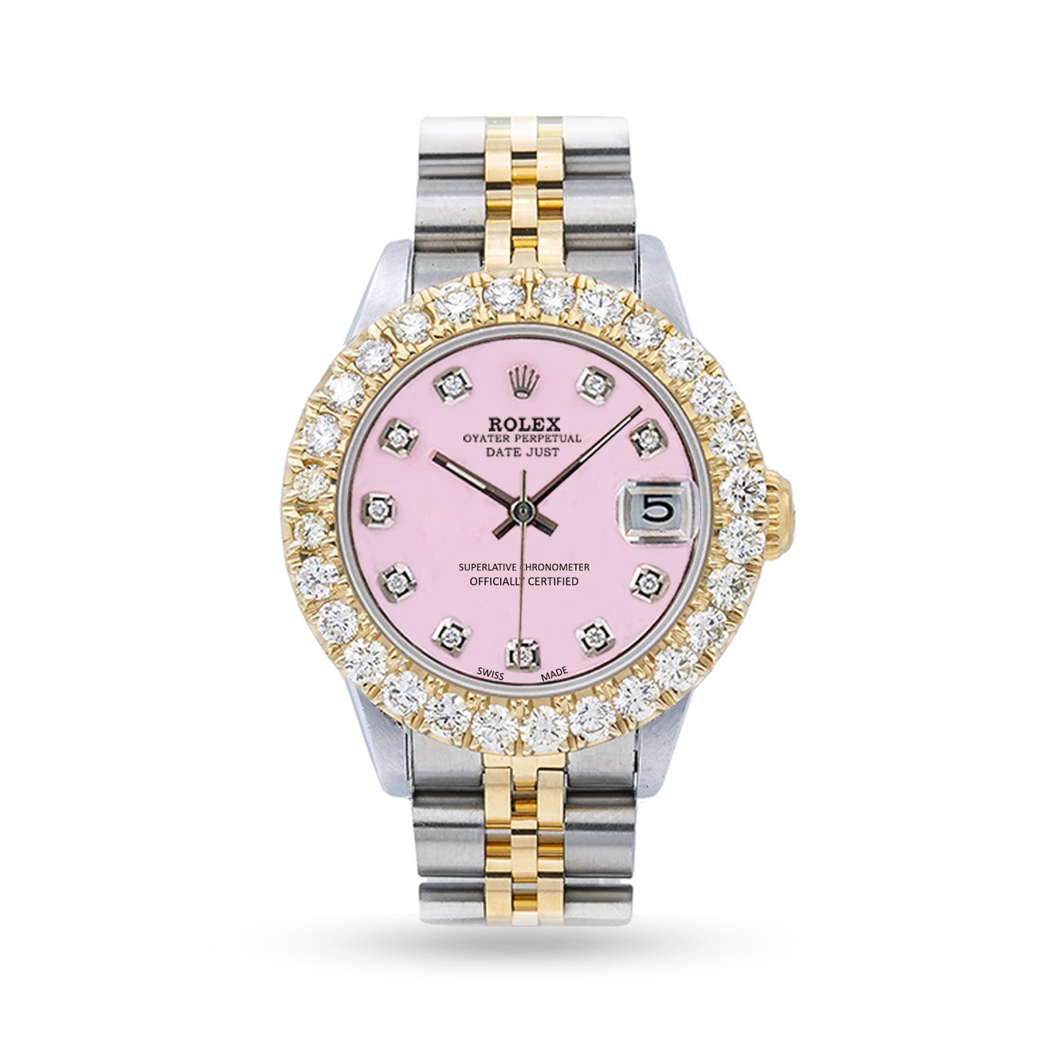PRE OWNED ROLEX DATE JUST  JUBILEE BAND WITH CUSTOMIZED 2.00 CT DIAMOND BAZEL