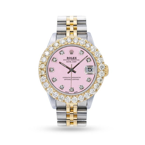 PRE OWNED ROLEX DATE JUST JUBILEE BAND WITH CUSTOMIZED 2.00 CT DIAMOND BAZEL