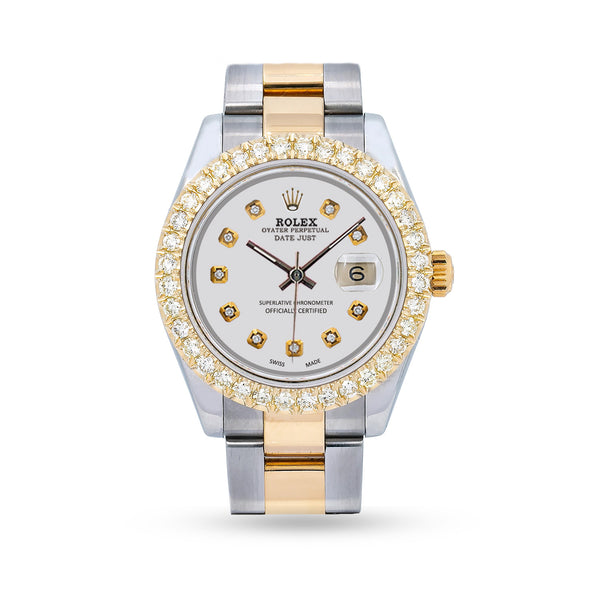 PRE OWNED DATE JUST  WITH OYESTER BAND AND CUSTOMIZED 2.00 CT DIAMOND BAZEL