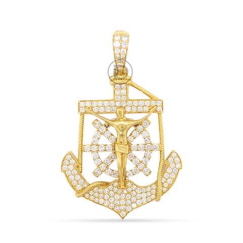 10K Yellow Gold Anchor Jesus Pendant With 1.75CT Diamonds