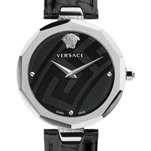 Black Satin Idyia Versace Stainless Steal Watch w/ Tejus Pattern Black Calf Leather Strap
