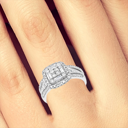 Diamond Halo Engagement Ring .65 CTW Round w/Baguette 14K white Gold