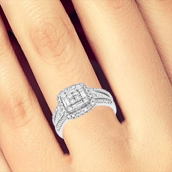 Diamond Halo Engagement Ring .65 CTW Round w/Baguette 14K white Gold