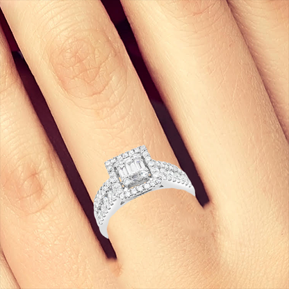 Diamond Halo Engagement Ring 1.15 CTW Bagguettes w/ Round Cut 14K White Gold