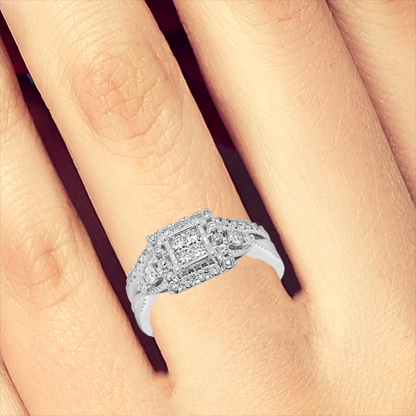 Diamond Halo Engagement Ring .75 CTW Princess Cut w/ Round Cut 14K White Gold
