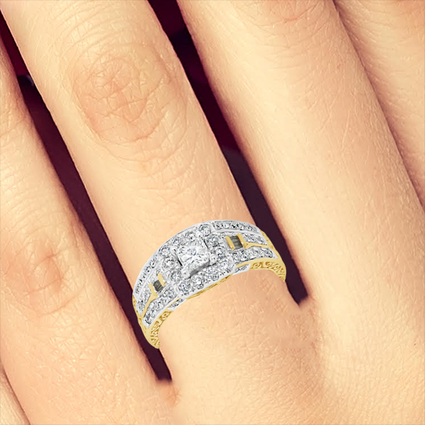 Diamond Halo Engagement Ring .50 CTW Princess Cut Center W/ Round Cut & Bagguette details 14K Yellow Gold