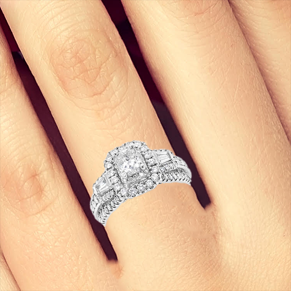 Diamond Halo Engagement Ring 1.50 CTW Radiant Center w/ Baguettes & Round Cut 14K White Gold