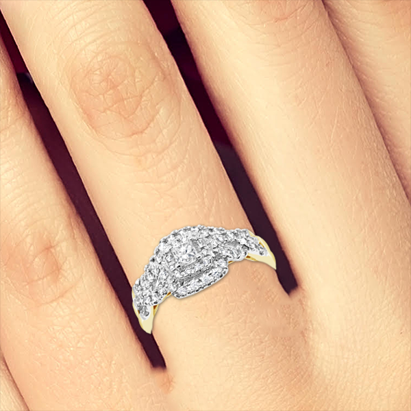 Diamond Halo Engagement Ring .50 CTW Princess w/ Round Cut 14K Yellow Gold