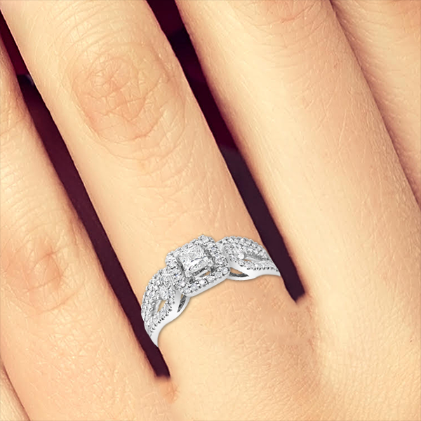 Diamond Halo Engagement Ring .50 CTW Princess Cut center w/Round Cut 14K White Gold