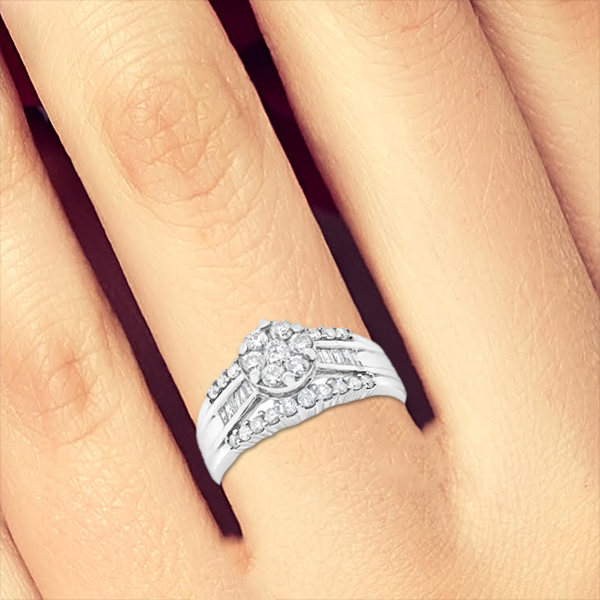 Diamond Engagement Ring 1 CTW Round Cut w/ Baguettes 10K White Gold Bridal Set