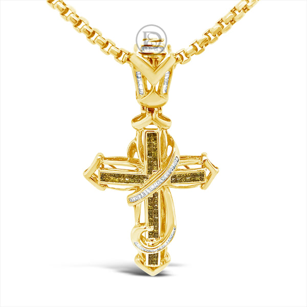 Yellow Diamond Cross Pendant 1.58 CTW Princess Cut w/ Baguettes 14K Yellow Gold